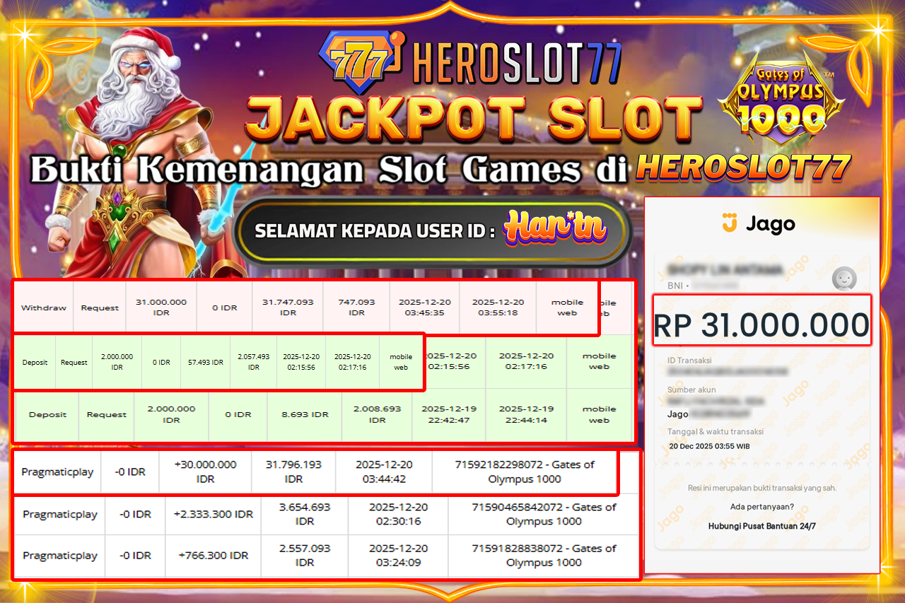 HEROSLOT77 JACKPOT GATES OF OLYMPUS 1000 - PRAGMATICPLAY Rp 31.000.000.- LUNAS!!!